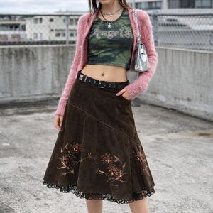 Vintage Y2K Sequin Embroidered Corduroy Skirt Size L Brown Peasant Embellished